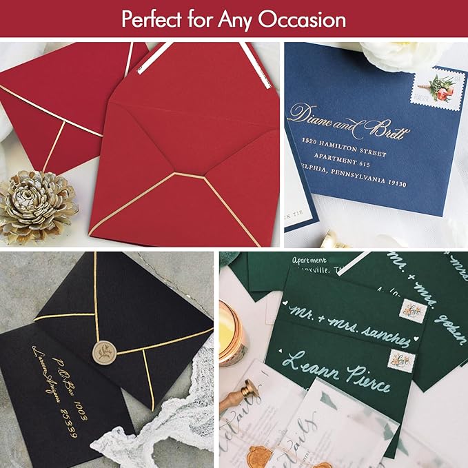 A7 Red Envelopes 5 x 7 With Gold Border,- 50 Pack,For 5x7 Cards| Quick Self Seal| Perfect for Weddings, Invitations, Photos, Graduation, Baby Shower| Thick Luxury paper|5.25 x 7.25 Inches