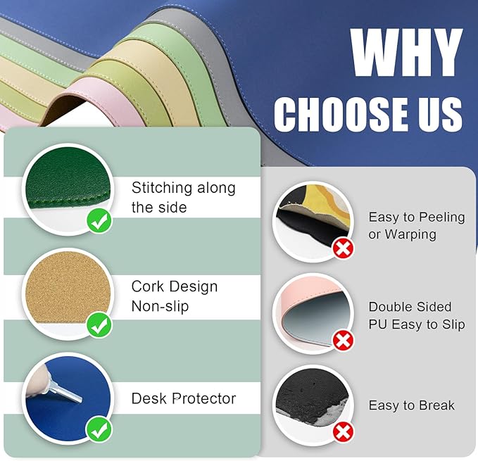 Large Desk Pad 35.4" x 17", Non-Slip Desk Mat with PU Leather & Natural Cork, Waterproof Writing Desk Natural Cork, Computer Mat Desk Protector for Office Home, Dark Green