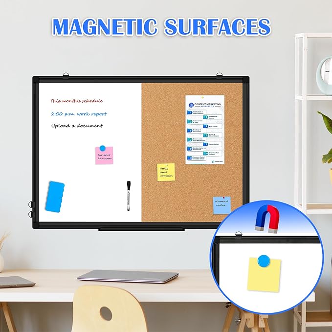 [24" x 18"] WALGLASS Dry Erase and Bulletin Boards Combo, Magnetic White Board Cork Board for Wall, Whiteboard & Corkboard Combination with Aluminum Frame, for Home, Classroom, Office