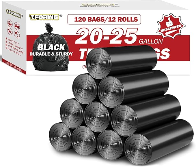 T.FORING Black Trash Bags 20-25 Gallon 120 Count - 30" x 33" Large Kitchen Garbage Bags, 20+ Gallon Trash Can Liners Unscented, Multipurpose for Home, Office, Daily Household Use