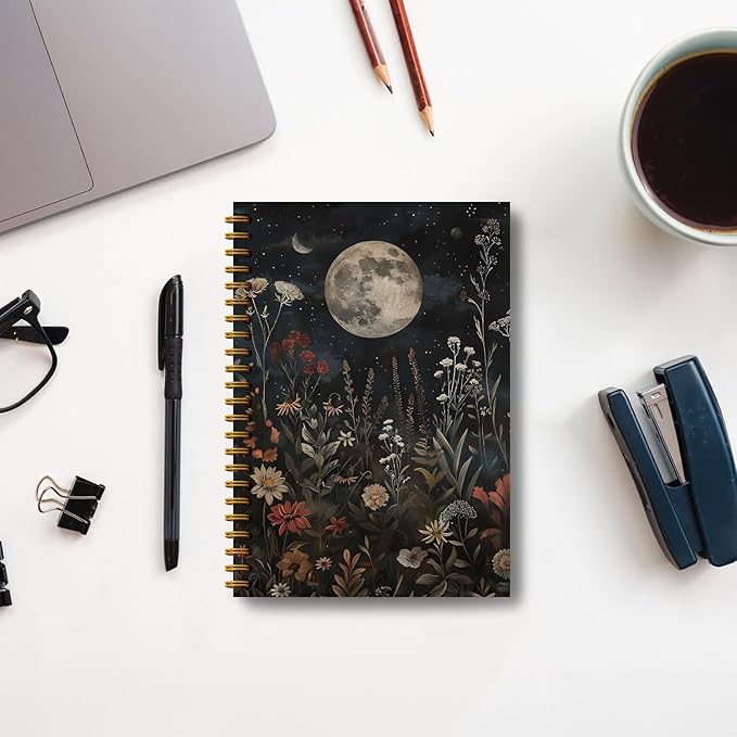 Moody Floral Moon Witchy Notebook, Dark Academia Cottagecore Flower Journal, Mystical Celestial Wildflower Botanical Journal, Vintage Witchy Hardcover Spiral Notebooks 5.5x8.3 Inch