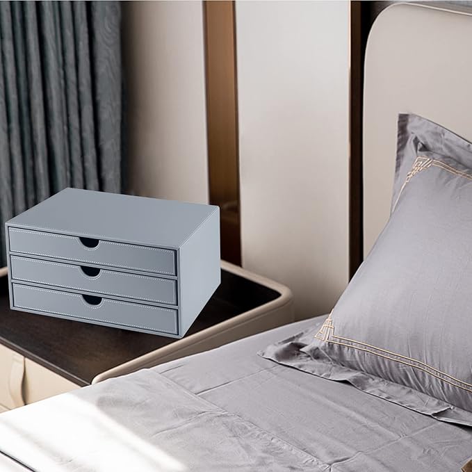 Leather Desk Organizer with 3 Drawers/Tray, Executive Office Supplies Desktop Filing A4 File Cabinet/Holder, Stackable Storage Box Grey (Gray)