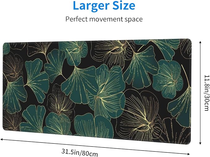 Ginkgo Leaf Large Mouse Pad, Gaming Desk Mat, XL Keyboard Desk Pad Mat for Desktop, 31.5"x11.8" Non-Slip Base Big Mousepad with Stitched Edges