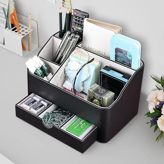 KINGFOM Desk Organizer with Drawer, Multifunction Pencil Holder for Desk, Desk Organizer and Accessories 5 Comparetments for Home Office Supplies (Black)