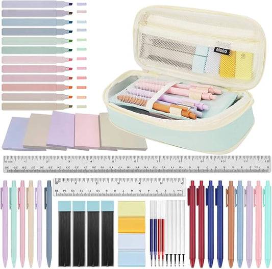 52 Aesthetic School Supplies with Cute Pen Case,5 Black, 2Blue,2 Red Ink Gel Pens,12inch and 6inch rulers,6 Mechanical Pencils for Students Stationary College Essentials