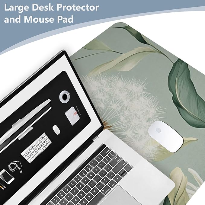 Mouse Pad Desk Mat Leather Desk Pad Large Gaming Desk Cover Protector Mat for Keyboard Computer Laptop Office Waterproof 35.4 x 16.5 Inch Sage Green Dandelion