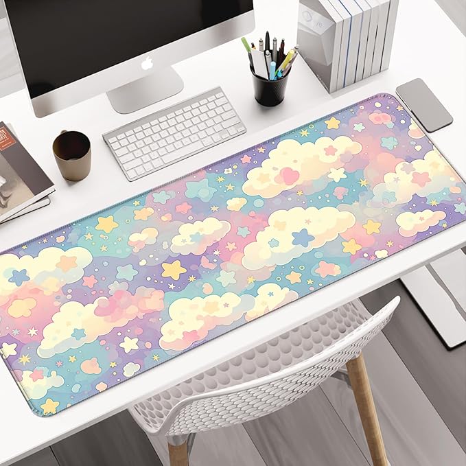 Cute Colorful Cloud and Star Desk Mat, Watercolor Pink Extended Large Gaming Mouse Pad, Computer Keyboard Laptop Girl Kawaii Mousepad for Work, Game, Office and Home, XL