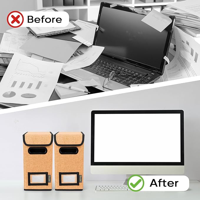 BALEINE File Organizer Box with Lid, Collapsible File Folder Organizer with Plastic Slide, Hanging File Folder Box for Office Document Storage (2 Pack, Orange, S)