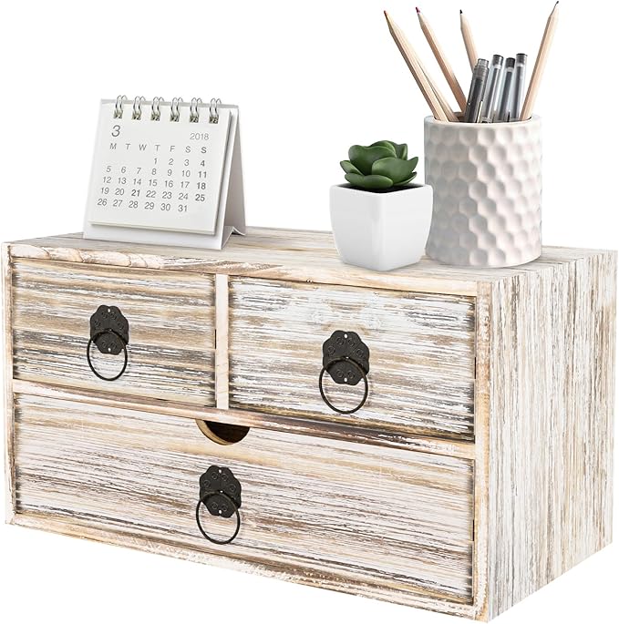 Vintage Wood Desk Organizer, Small Desk Organizer with Drawers, Tabletop Storage Organization Box for Office Home Toiletries Supplies, No Assembly Required (3 Drawer)