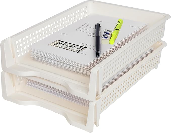 Letter Tray Desk Organizer – Stackable Paper Organizer for Home & Office, Durable Plastic Paper Tray for Desk, A4 & Letter-Size Document Holder (White)