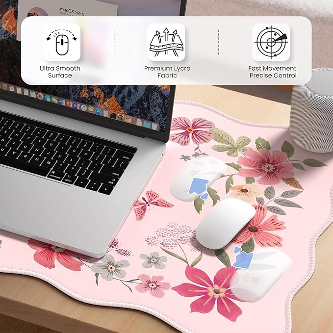 HAOCOO Desk Pad Mat, Pink Scalloped Desk Pad, Computer Desk Mat, Non-Slip Desk Pad for Keyboard and Mouse, Large Desk Mouse Pad with Egde Stitched, Waterproof Floral Keyboard Mat for Office (Hot Pink)