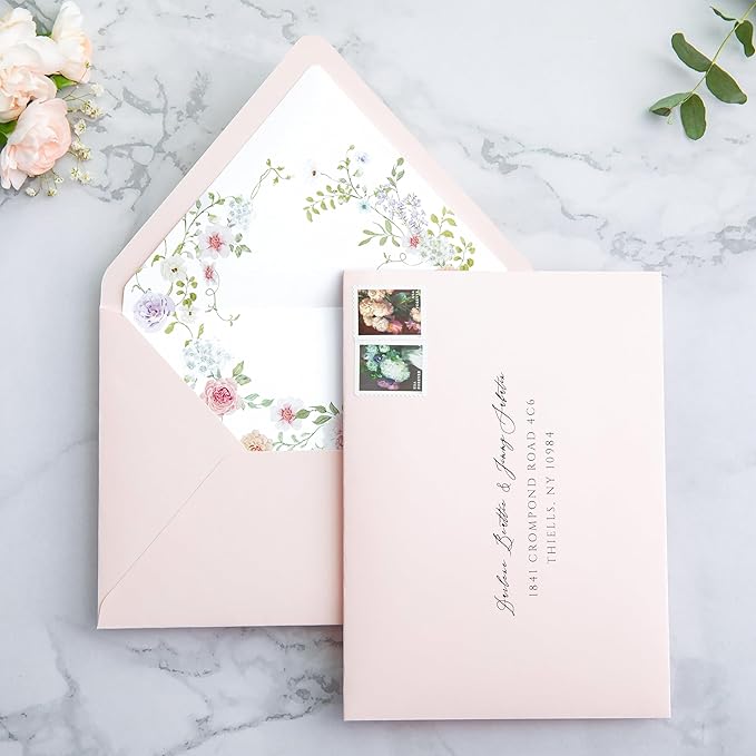 PONATIA 50PCS A7 Euro Flap Envelopes, 5.25 x 7.25'' Blush Pink Flowers Liner Envelopes for 5x7 Wedding Invitations, Photos, Postcards, Greeting Cards, Christmas Gift Cards, Acrylic Mailing
