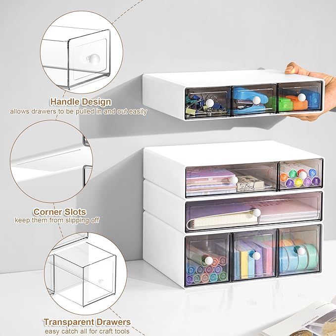 Desk Organizer with 9 Drawers, 4 Tier Plastic Stackable Storage Drawers for Desk Storage, Office Stationary Makeup Organizer Suit for Home, Office and School