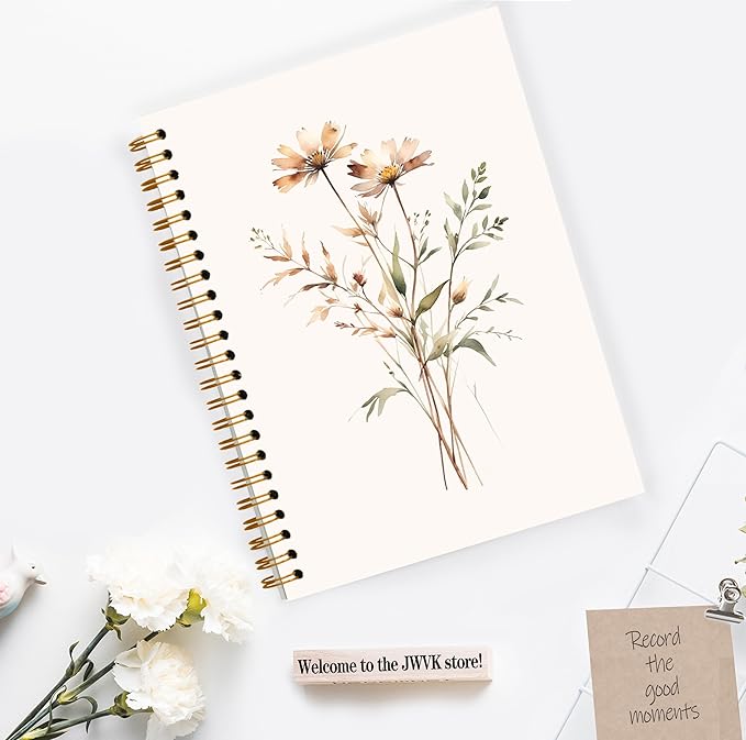 JWVK Retro Neutral Flower Spiral Notebook, Boho Floral Botanical Notebooks for Note Taking, Rustic Cottagecore Wildflower Journal for Women, Boho Office Supplies, 5.5x8.3 Inch