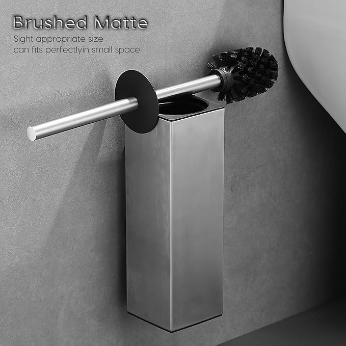 Brushed Gold Stainless Steel Toilet Brush, Square No-Punch Hook Base Toilet Brush Holder Removable Inner Bucket and Splash Proof Cover - Soft Bristles (Non-Drill Square Plastic caps Brushed)