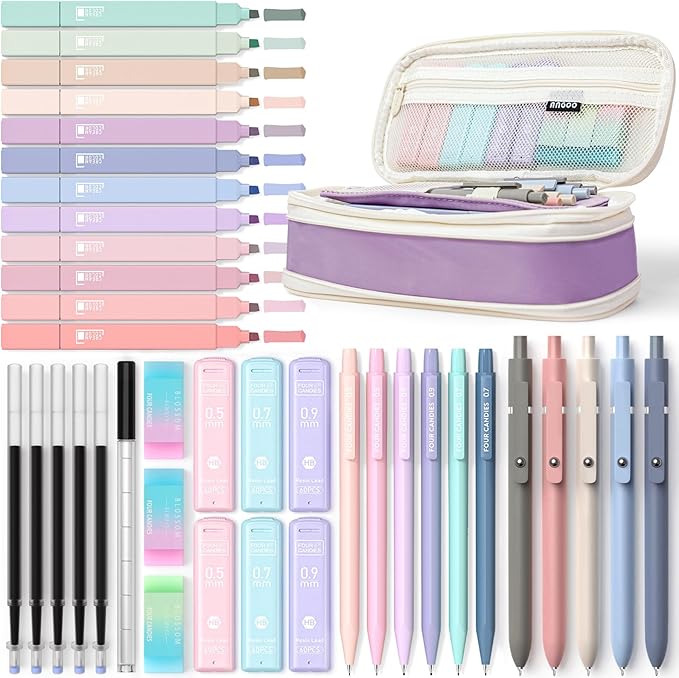 Four Candies 39 PCS Aesthetic School Supplies with Cute Pen Case, 12 Pastel Highlighters, 5 Black Ink Gel Pens, 6 Mechanical Pencils Set 0.5 & 0.7mm for Students Stationary College Essentials (Purple)