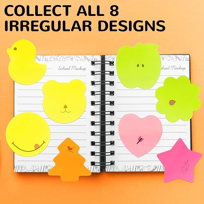 M&G 8 Pads Fun Shape Sticky Notes, 480 Sheets Cute Post-It Notes in Various Shapes, 60 Sheets/Pad, Self-Stick Memo Pads for Students, Office, Home (Duck, Heart, Star, Smile, Apple, Tree, Flower, Bear)
