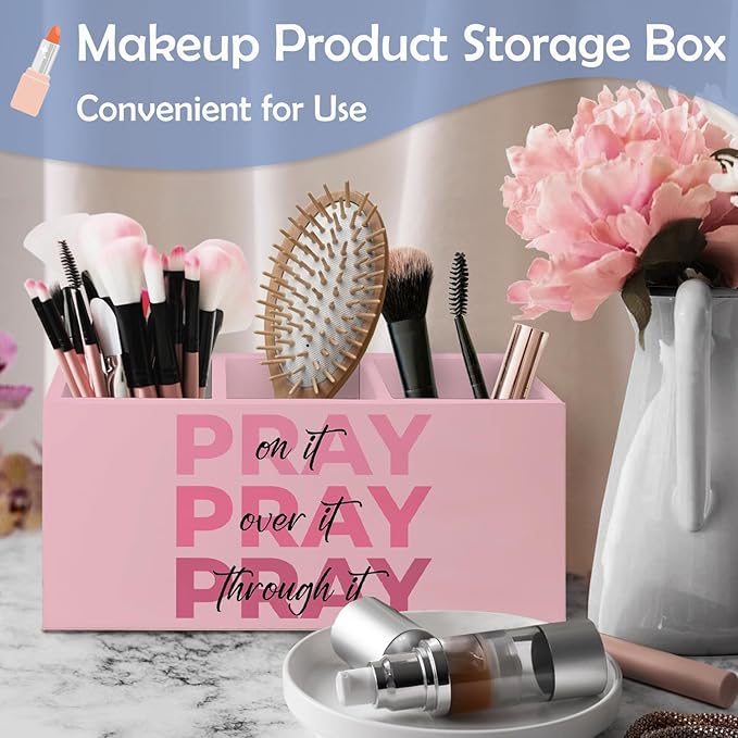 SNNDER Christian Pen Holder for Desk, Prayer Christian Gifts for Women, Pray on It Pray Over It Pray Through It Wooden Pen Pencil Holder Organizer for Home Office Desk Accessories(PINK)