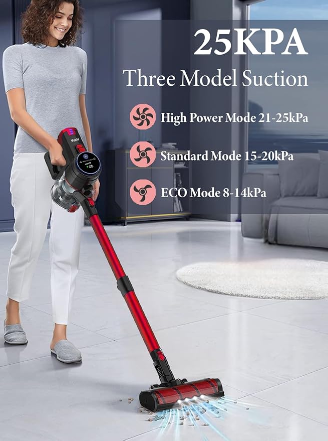VYKLO V8 Cordless Vacuum Cleaner, Powerful Suction Stick Vacuum, 55Mins Runtime, Wireless Lightweight Handheld Vacuum Cleaner for Home, Hardwood Floor, Carpet, Car, Pet Hair Cleaning (Red)