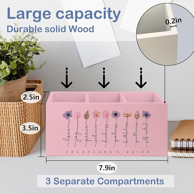 SNNDER Christian Pen Holder for Desk, Religious Christian Gifts for Women, Floral Boho Christian Bible Verses Wooden Pen Pencil Holder Organizer for Home Office Desk Accessories(PINK)