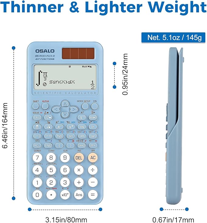 OSALO Scientific Calculator 417 Function 2 Line 10+2 Digits Written Display Solar and Battery Calculators for Students Secondary School College Blue (OS 991ES Plus 2nd Edition)