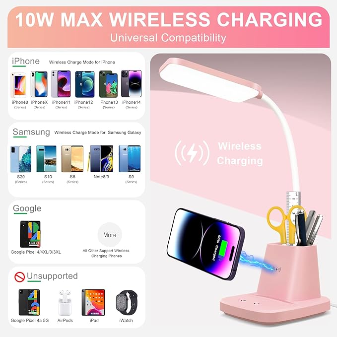 Sailstar Pink Desk Lamp, Small Desk Lamp with Pen Holder, Wireless Charger LED Desk Lamps for Home Office, Kids Desk Lamps 800LM Gooseneck 3 Modes Dimmable Touch, Study Lamps for College Dorm Room