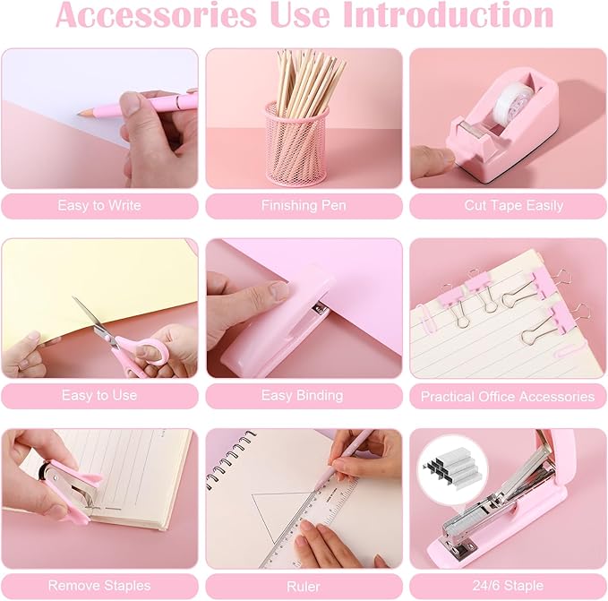 13 in 1 Pink Office Supplies, Pink Desk Accessories for Women with Stapler,Tape Dispenser,1000 Staples,Pen Holder,Staple Remover,Clips,Ruler,Scissors, Tabs,Tape,Ballpoint Pen