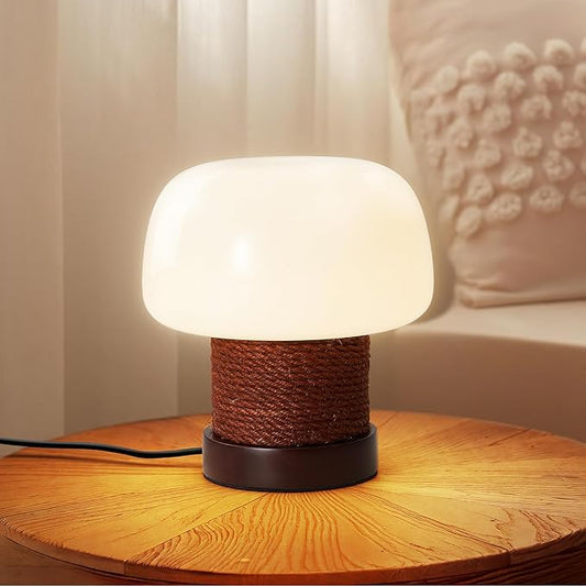 Small Table Lamp for Bedroom-Wooden Base Mushroom Table Lamps,Milky White Glass Shade,Three Adjustable Color Temperatures Modern Cute Unique Side Table and Desk Lighting(H 7.4 in)