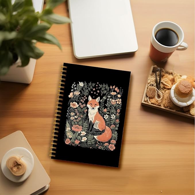 Fox Notebook Journal, Floral Notebook Journal, Fox Gifts for Women, Fox Themed Gifts, Cottagecore Decor Notebook Journal, Animal Lover Gifts, Fox Floral Spiral Notebook 5.5x8.3 Inch