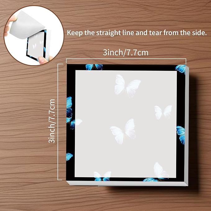 Sticky Notes, 2 Pads, 3x3 inches, Cute Colorful Fun Self-Stick Note Pads, Easy Post, Strong Adhesive Notepad Blue Glowing Butterflies