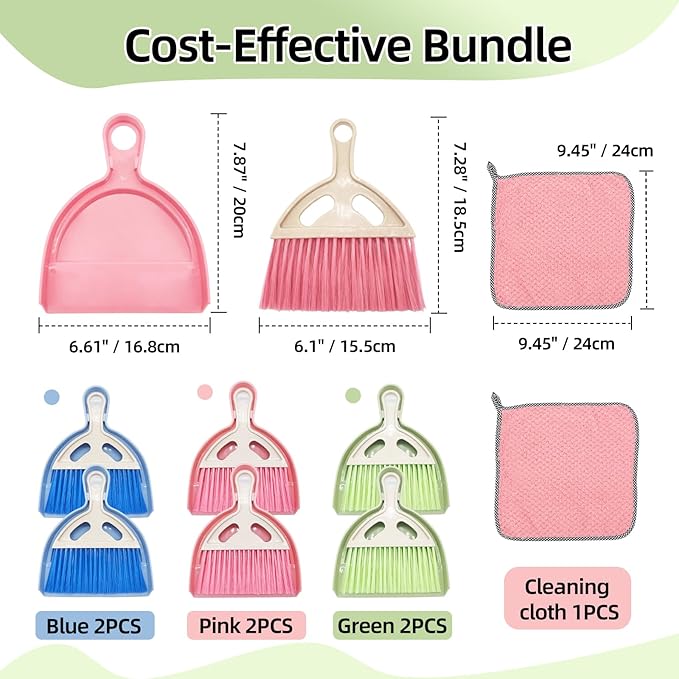 Sissatthai 6Pcs Small Dust Pan and Brush Set with Cleaning Cloth - Blue & Green & Pink Brooms, Mini Hand Broom and Dustpan Set Whisk Dustpan Brush Kid Broom for Table Desk Car Keyboard
