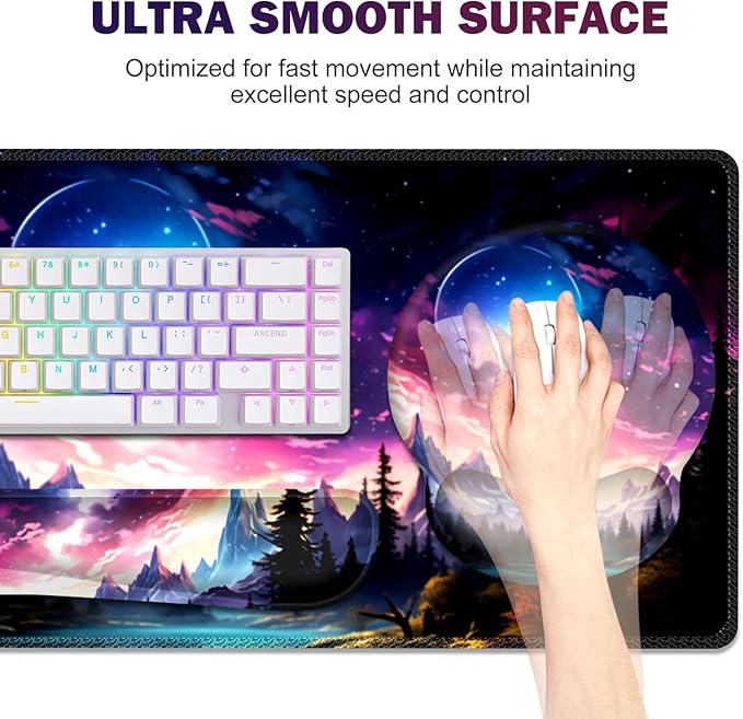 Gaming Mouse Pad, Large Desk Mat, Cute Desk Pad Protector, 4in1 XXL Mousepad + Keyboard Wrist Rest+Mouse Wrist Rest+Coaster Set with Ergonomic Desk Pad for Home Office Table Computer, Purple Hill