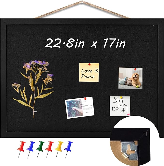 Black Cork Board Black Bulletin Board Pin Display Board for Wall Corkboard Black Pushpin Board Vision Board Picture Photo Felt Board for Memos, Photos, Home, Kitchen, Office, 22.8"x17"