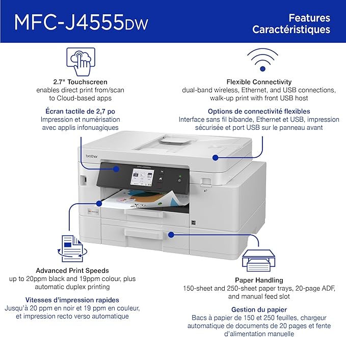 Brother INKvestment 4555 Wireless Color Inkjet All-in-One Printer with 2.7” Color Touchscreen and 2 Paper Trays | Includes Refresh Subscription Trial(1) (MFC-J4555DW)