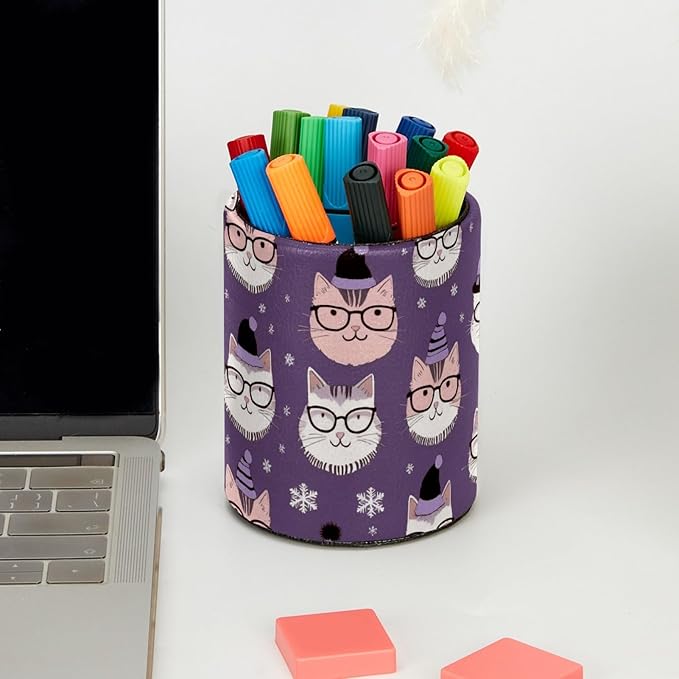 Leather Pen Holder for Desk Cute Cats Pencil Cup Desktop Organizer Makeup Brush Holders Office Supplies for Home, Kids & School