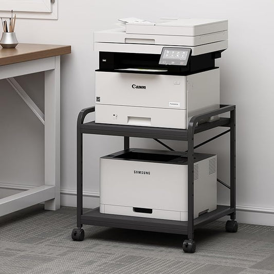 2 Tier Under Desk Printer Stand with Storage, 20 Inches Deep Large Printer Table with Height Adjustable Shelf, Rolling Printer Cart with Wheels for Home Office - Black