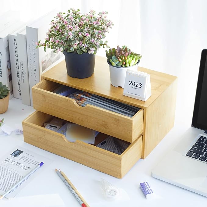 Bamboo Desk Organizer With Drawers Countertop Drawers 2 Drawers Counter Storage Box Corner Desk Organizer for Home Office No Assembly Required