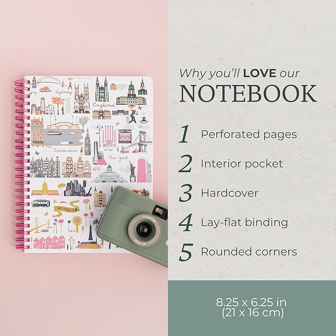 Steel Mill & Co Cute Mini Spiral Notebook, 8.25" x 6.25" Journal with Durable Hardcover and 160 Lined Pages, Travel Icons