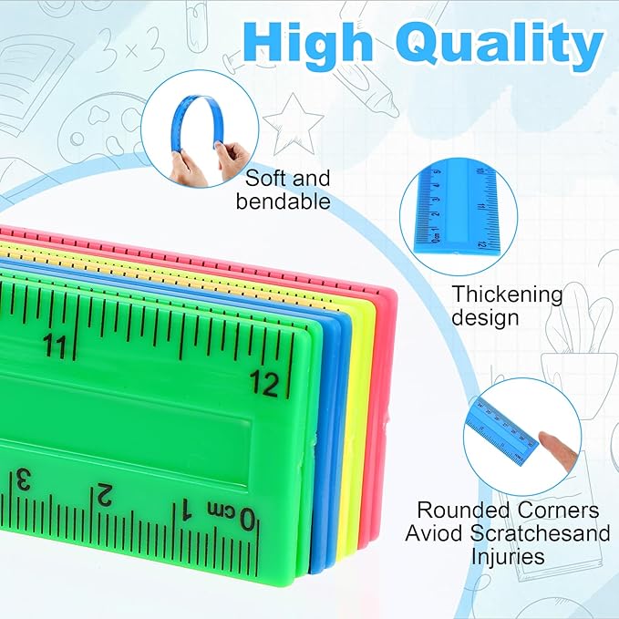 120 Pcs 12 Inch Plastic Rulers Bulk, Kid Ruler for School, Back to School Supplies, Flexible Assorted Color Straight Rulers with Centimeters and Inches for Students Schools Education