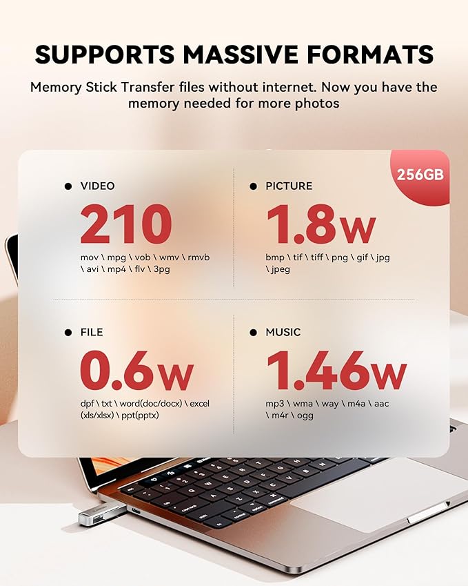 MFi Certified 256GB Flash Drive for iPhone Photo Stick, USB Thumb Drive Memory Stick High Speed USB Drive Photo Storage for iPhone Compatible for iPhone/iPad/Android/PC