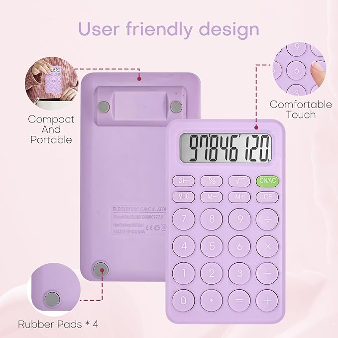 Cute Purple 8-Digit LCD Calculator, Basic Four Function for Teachers, Students & Office, Small & Sensitive, 5.5x3.2 Inches
