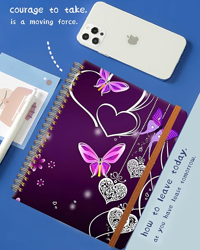 Ruled Spiral Writing Notebook,A5 Hardcover Lined College Journal for Women,Strong Twin-Wire Binding with Premium Paper,8.4" X 6",Perfect for School,Office,Home(Purple Heart Butterfly)
