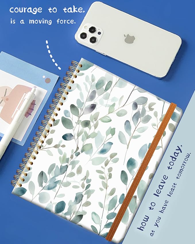 Ruled Spiral Writing Notebook,A5 Hardcover Lined College Journal for Women Lady Girl,Strong Twin-Wire Binding with Premium Paper,8.4" X 6",Perfect for School,Office,Home Gifts(watercolor Leaf