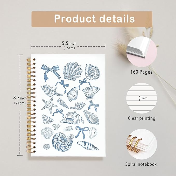 Blue Bow Cute Beachy Notebook for Girls Women, Beach School Supplies, Blue Coquette Beach Seashell Spiral Notepad A5, Ocean Vibes Writing Journal for Teens 5.5x8.3