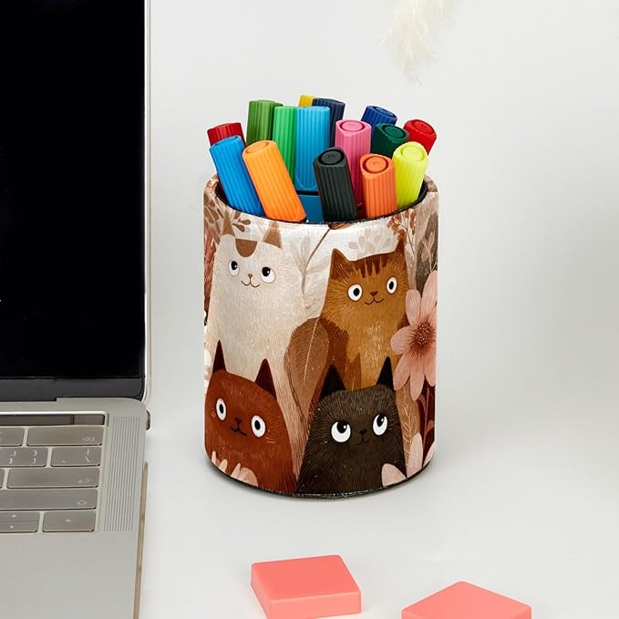 Leather Pen Holder for Desk Cute Colored Cats Pencil Cup Desktop Organizer Makeup Brush Holders Office Supplies for Home, Kids & School