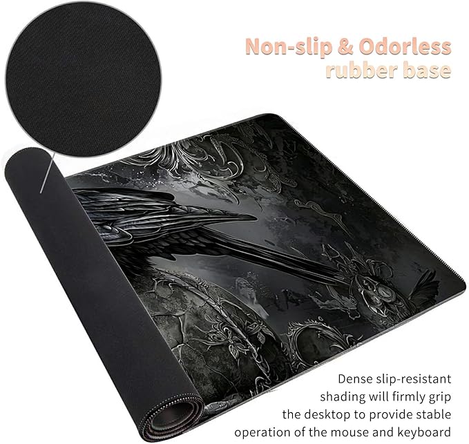 Desk Mat Large Gaming Mouse Pad (31.5x11.8 inch) with Stitched Edges, XL Mouse Pad +Coaster, Extended Mouse Mat Keybroad Mousepad Non-Slip Rubber for Gamer Men Women, Dark Raven Skull