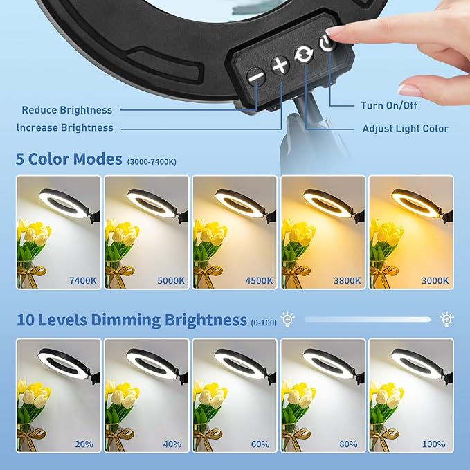 HITTI Ultra Long 12X Magnifying Glass with Light and Clamp, 5 Color Modes Steepless Dimming Desk Lamp, Swivel Arm Workbench Light, Hands Free Lighted Magnifier Stand for Craft Reading Soldering