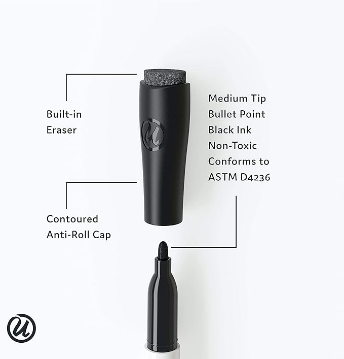 U Brands Fine Tip Dry Erase Markers with Eraser, Whiteboard Markers, Low Odor, Black, Set of 12