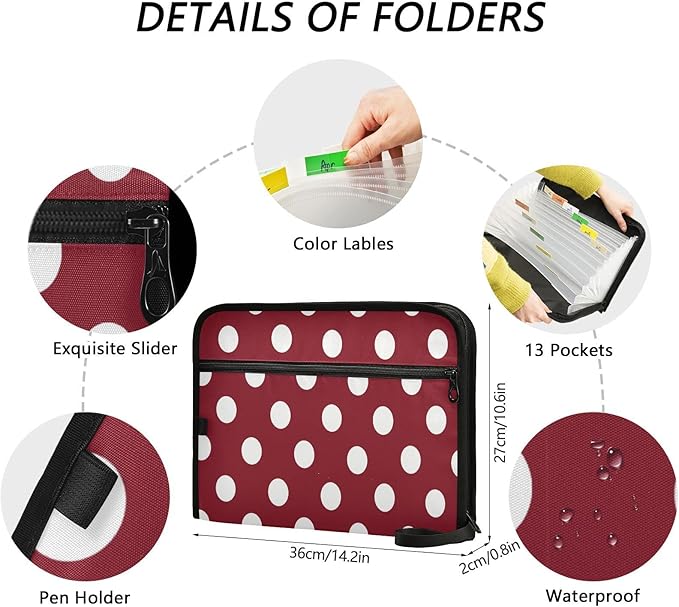 Gredecor 13 Pockets File Folder Organizer A4/Letter Water Resistant White Polkadot with Red Document Bag with Zipper Filing Folder Expanding File Pouch Storage for School Office