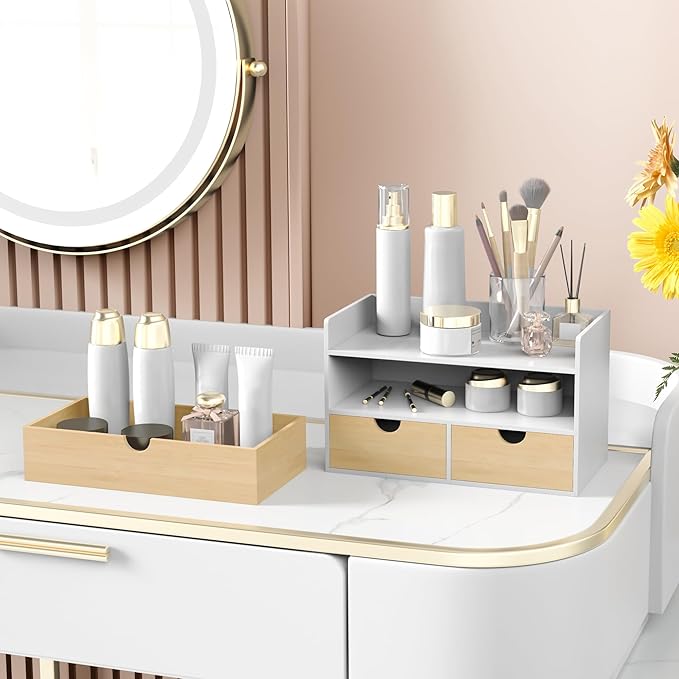 Wisuce Desk Organizer with Drawers - Bamboo Desktop Organizer Storage | White-Natural Wood Desk Drawers Organizer for Bills, Office Supplies, Cosmetics, Seals No Assembly Required